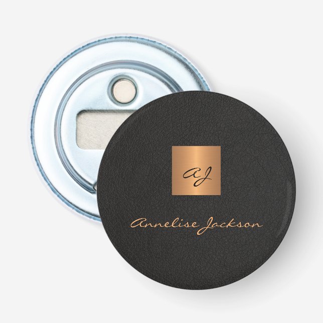 Monogram, eleganter Skriptname Schwarzes Gold Flaschenöffner (Vorderseite)