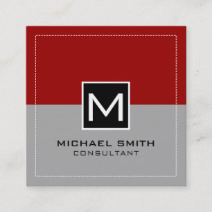 Monogram Eleganto Modern Gray Crimson Red Quadratische Visitenkarte
