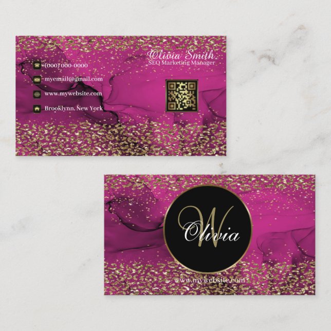 Monogram Elegany Classy Pink Gold QR Code Visitenkarte (Vorne/Hinten)