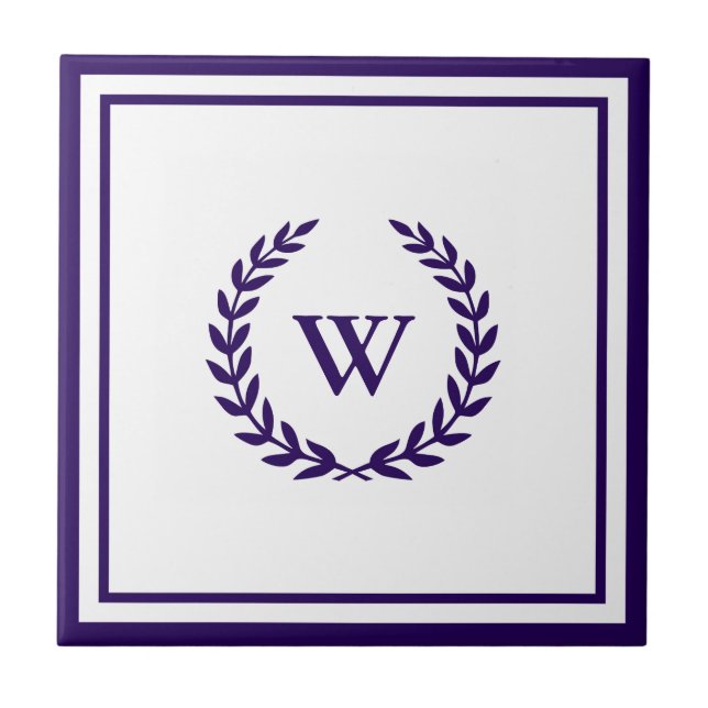 Monogram Elegany Navy Blue White Keramik Tile Fliese (Vorderseite)