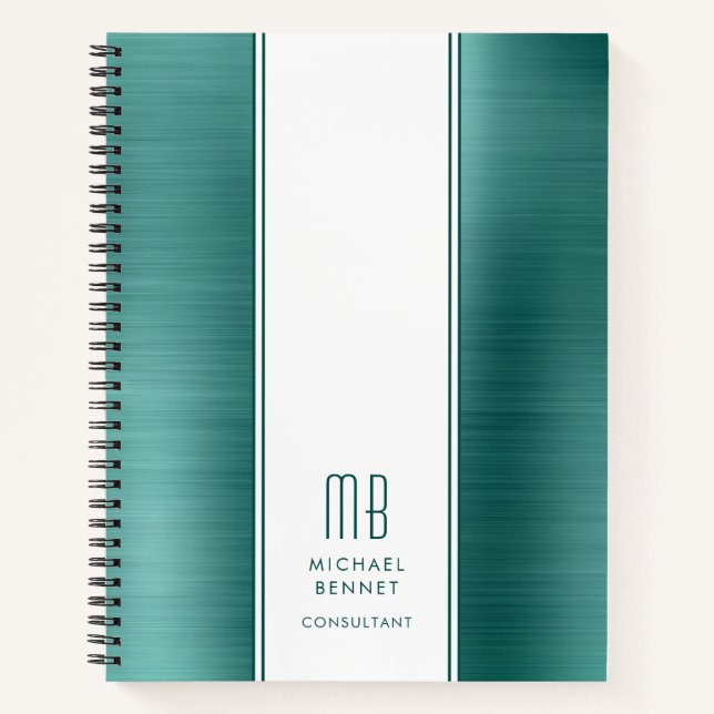 Monogram Emerald Green Brushed Metallic Business Notizbuch (Vorderseite)