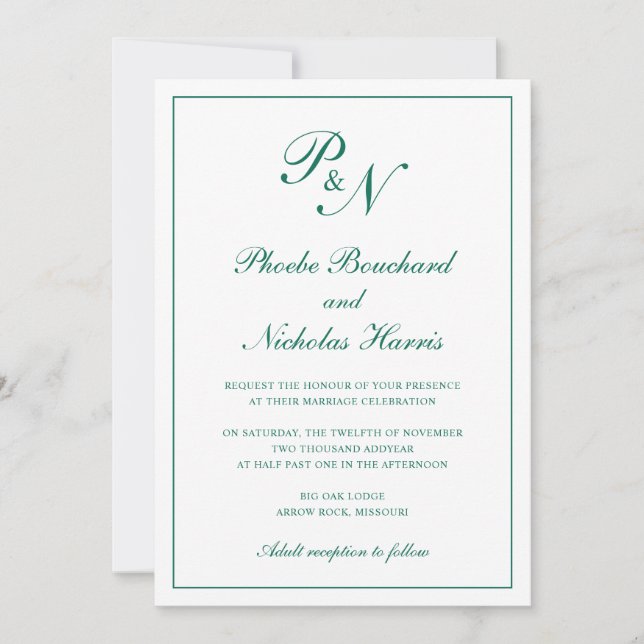 Monogram Emerald Green Formal Elegant Wedding Einladung (Vorderseite)