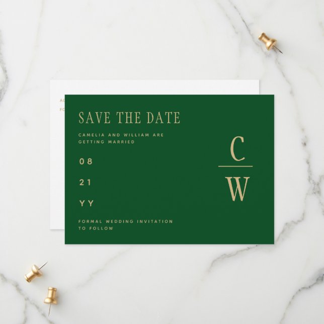 Monogram Emerald Green Gold Save the Date (Vorderseite/Rückseite Beispiel)