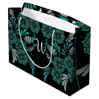 Monogram Emerald Green und Black Blume Pattern Große Geschenktüte