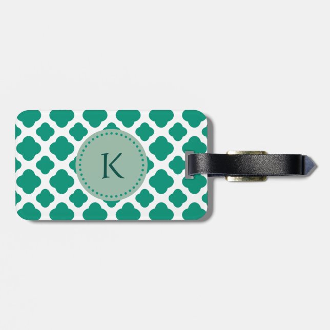 Monogram Emerald Green & White Quatrefoil Muster Gepäckanhänger (Rückseite horizontal)
