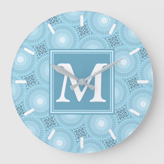 Monogram Engelblau-Kreismuster Große Wanduhr (Vorderseite)