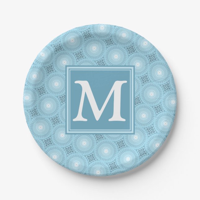 Monogram Engelblau-Kreismuster Pappteller (Vorderseite)