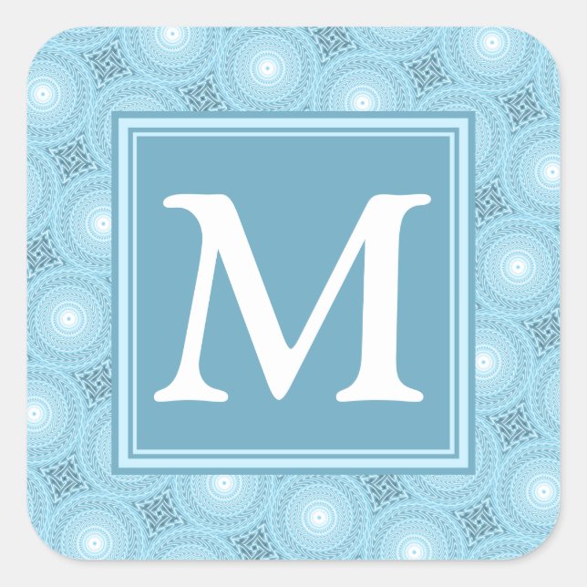Monogram Engelblau-Kreismuster Quadratischer Aufkleber (Vorderseite)