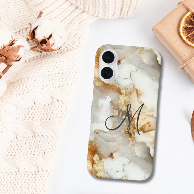 Monogram erste Gold Gray White Marble Wasserfarbe Case-Mate iPhone Hülle (Gold Gray White marble Watercolor Wash Alcohol Ink Monogram initial iPhone case)