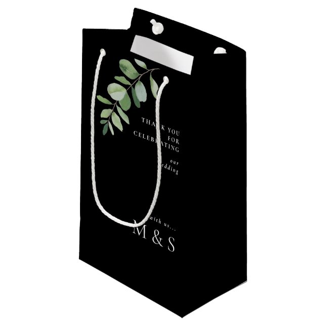 Monogram Eucalyptus Danke Wedding Black Kleine Geschenktüte (Vorderseite Schrägansicht)
