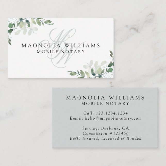 Monogram Eucalyptus Mobile Notar Visitenkarte (Vorne/Hinten)