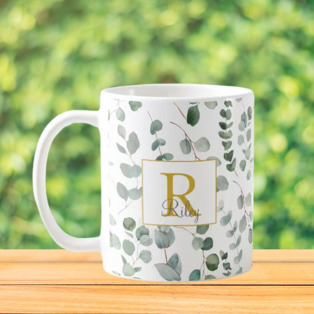 Monogram-Eukalyptus-Muster Kaffeetasse (Close up, On the table)
