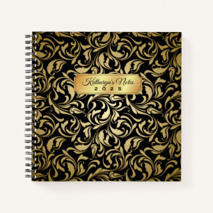 Monogram Extravagant Gold Blühte Black Luxe Namen Notizbuch