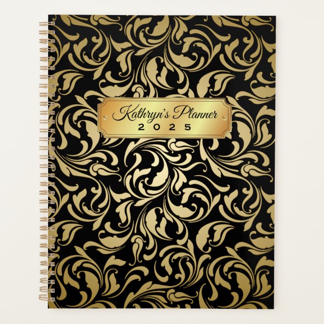 Monogram Extravagant Gold Blühte Black Luxe Namenp Planer (Vorderseite)