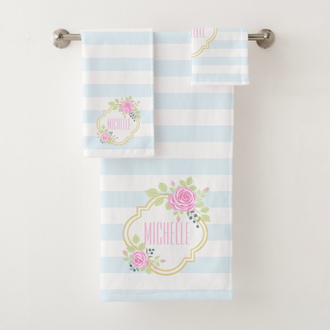 Monogram Extravagant Pink Roses Blueberry Handtuch Badhandtuch Set (Insitu)