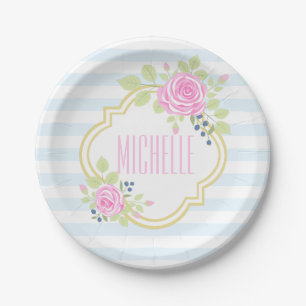 Monogram Extravagant Pink Roses Blueberry Paper Te Pappteller