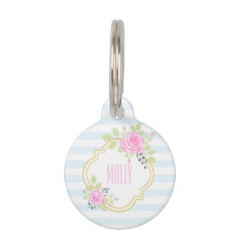Monogram Extravagant Pink Roses Blueberry Pet Tag Tiernamensmarke