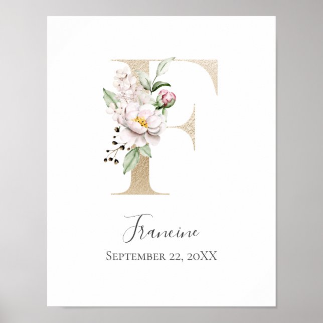 Monogram F Pink White Floral Gold Letter Kinderzim Poster (Vorne)