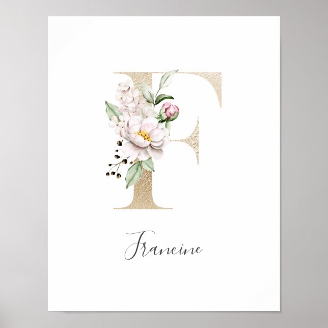 Monogram F Pink White Floral Gold Letter Kinderzim Poster (Vorne)