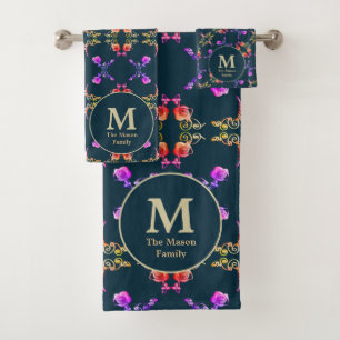 Monogram Faberge-like Rose Pattern on Dark Blue Badhandtuch Set