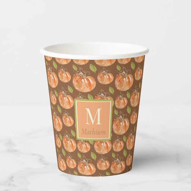 Monogram Fall Pumpkin Pattern Pappbecher (Vorderseite)