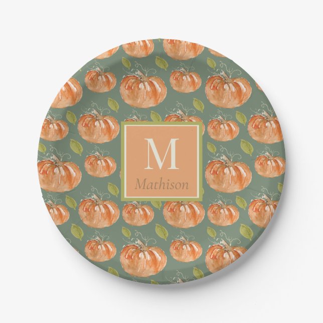 Monogram Fall Pumpkin Pattern Pappteller (Vorderseite)