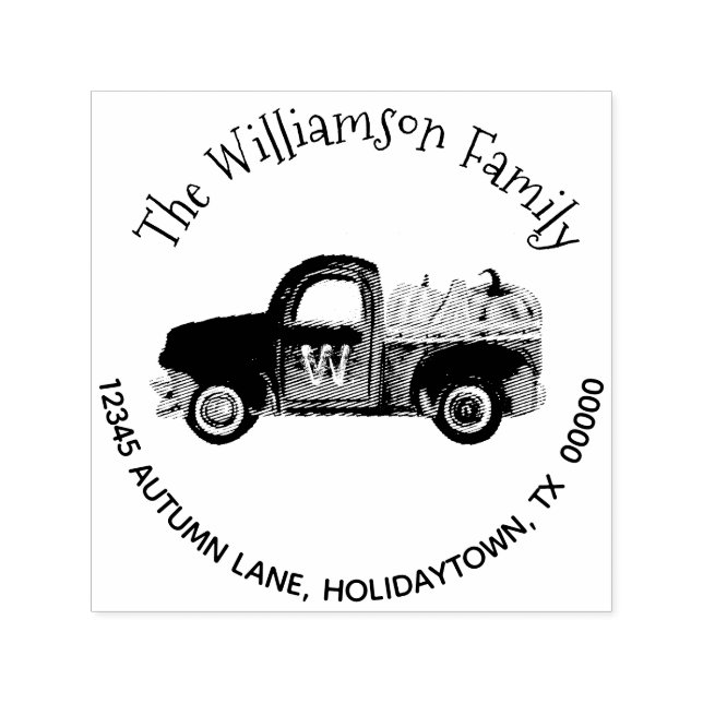 Monogram Fall Pumpkin Rustic Truck Rücksendeadress Permastempel (Design)