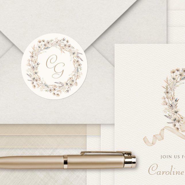 Monogram Fall Wildblumen Elegante Hochzeit Runder Aufkleber (Von Creator hochgeladen)