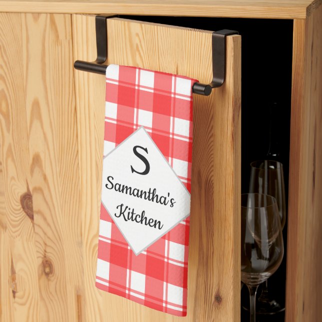 Monogram-Familienname Custom Red White Retro Karie Geschirrtuch (Drittel gefaltet)