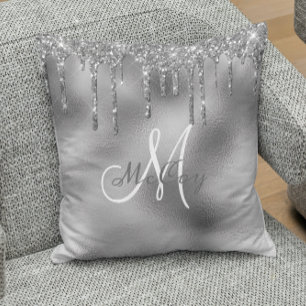 Monogram-Familienname für silberne Glitzer Kissen