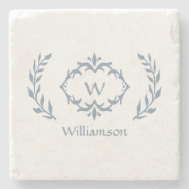 Monogram Familienname Laurel Wreath Dusty Blue Steinuntersetzer