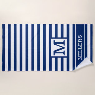 Monogram Familienname Navy Blau und Weiß Streifen Strandtuch