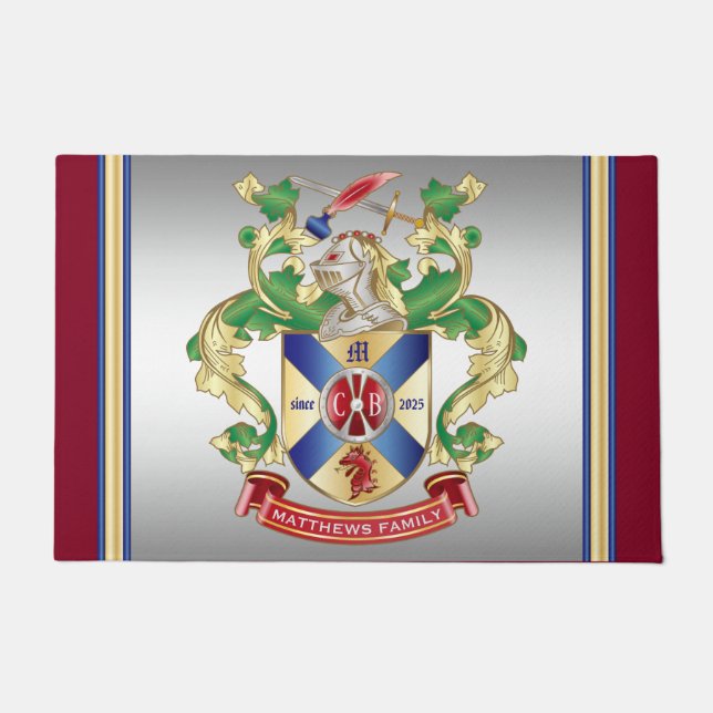 Monogram Familienwappen Ritter Schild Drachenschwe Fußmatte (Vorderseite)