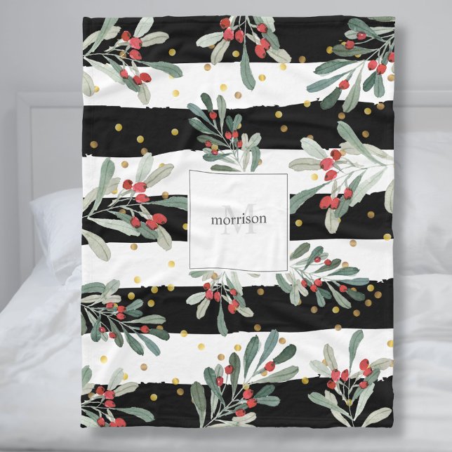 Monogram Family Modern Black Chic Winter Botanical Fleecedecke (Von Creator hochgeladen)