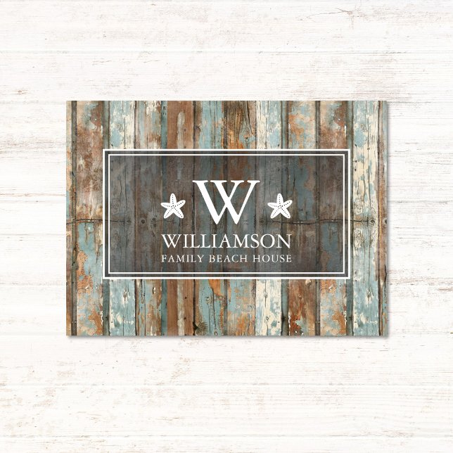 Monogram Family Name Rustic Boho Wood Beach House Fußmatte (Von Creator hochgeladen)