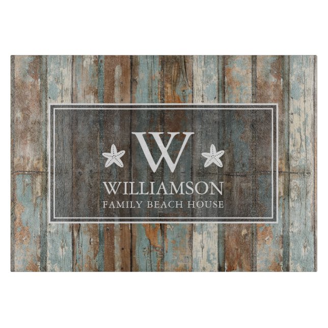 Monogram Family Name Rustic Boho Wood Beach House Schneidebrett (Vorderseite)