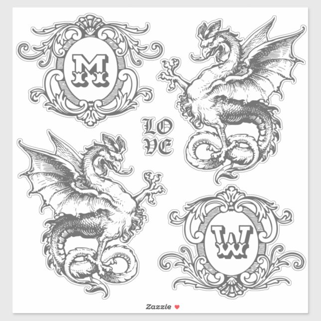 Monogram Fantasy Medieval Dragon Verziert Frames Aufkleber (Blatt)