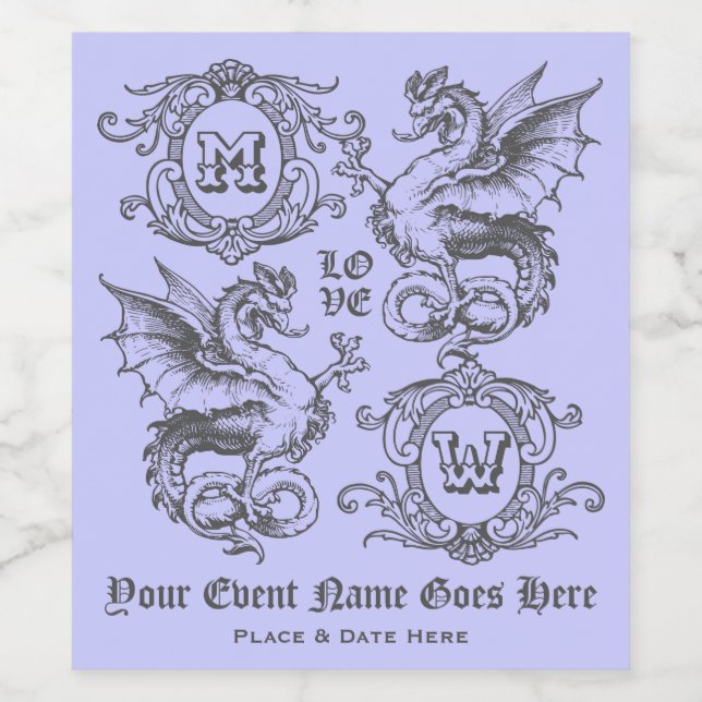 Monogram Fantasy Mittelalterlicher Drachenrahmen V Weinetikett (Einzelnes Label)