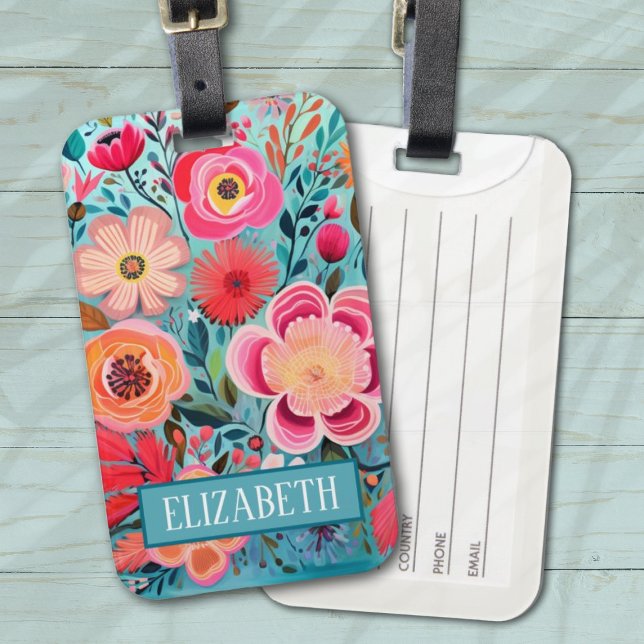 Monogram farbenfroh-stylisches Blumenmuster Gepäckanhänger (A pretty bright floral monogram luggage tag. Personalize it with your name.)
