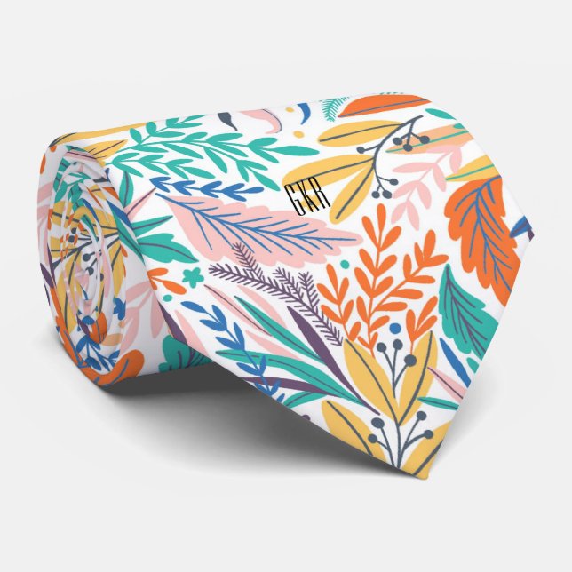 Monogram farbenfroh-stylisches botanisches Muster Krawatte (Gerollt)