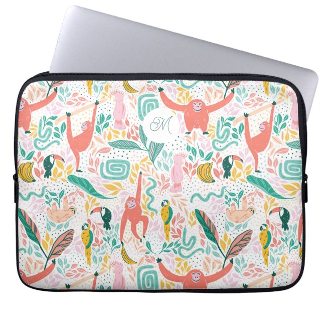 Monogram farbenfrohe Dschungeltiere rosa Laptopschutzhülle (Vorderseite)