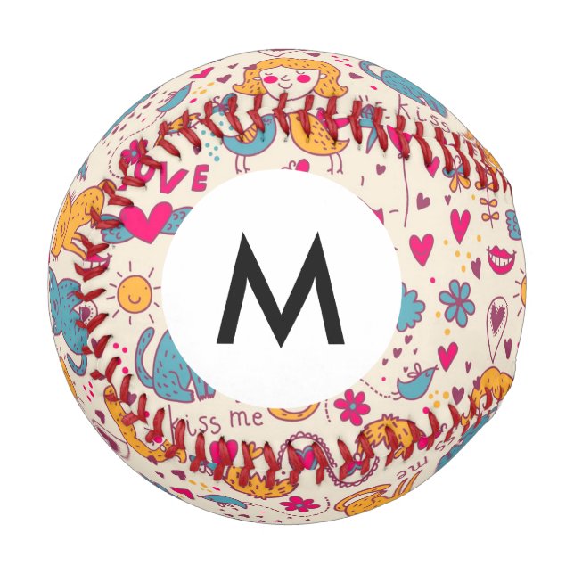 Monogram farbenfrohe romantische Muster Baseball (Vorderseite Links)