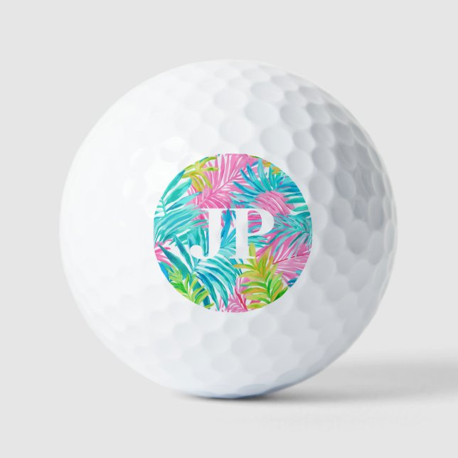 Monogram farbenfrohe tropische Blätter Custom Golfball (Vorderseite)