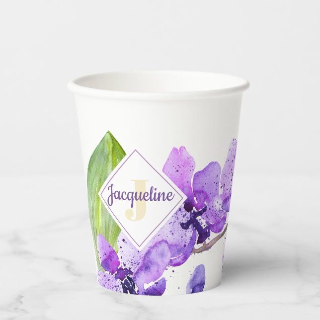 Monogram farbenfrohe Wasserfarbe Orchid-Design Pappbecher (Vorderseite)
