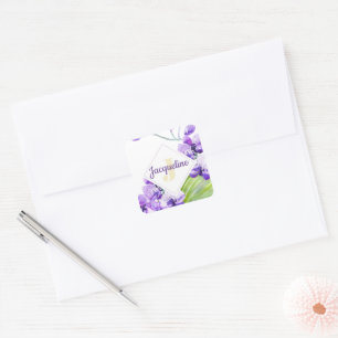Monogram farbenfrohe Wasserfarbe Orchid-Design Quadratischer Aufkleber