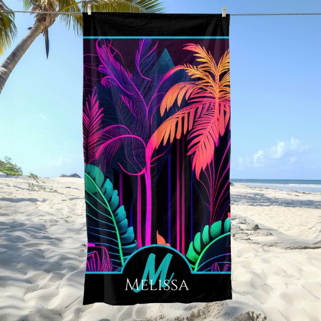 Monogram farbenfroher Nebel Black Tropical Palm Be Strandtuch (Von Creator hochgeladen)
