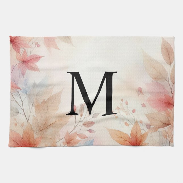 Monogram farbige Herbstlaube Aquarellpasten Geschirrtuch (Horizontal)