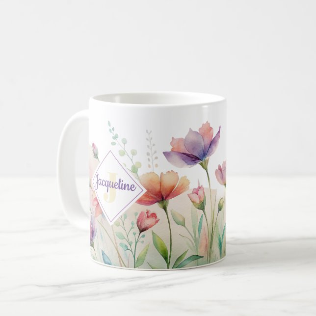 Monogram Farbiger Wilder Blume Illustrierter Kaffe Kaffeetasse (Vorderseite Links)
