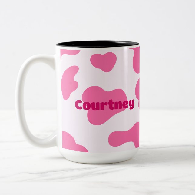 Monogram Farm Animal Pink Cow Print Zweifarbige Tasse (Links)