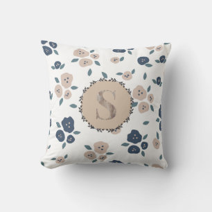 Monogram Farmhouse Floral Blue Tan Country Rustika Kissen